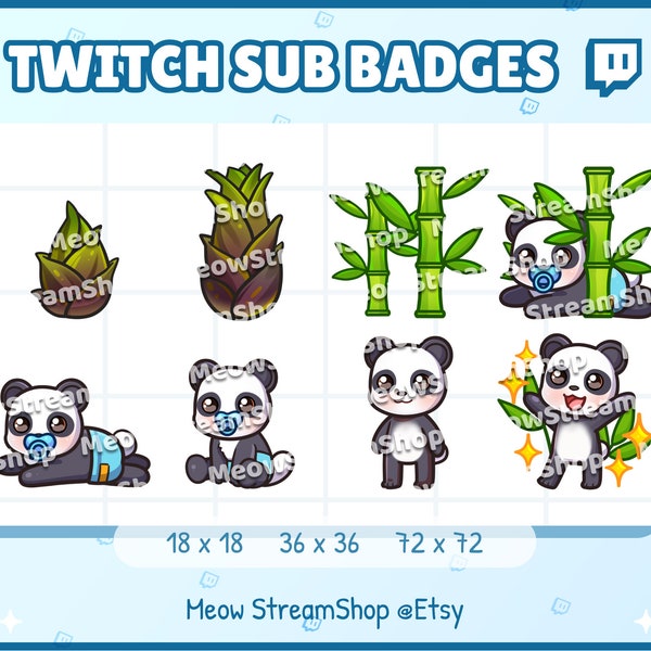 8x Twitch Sub, Bit Badges - Kawaii Cute Panda, Baby Panda - Sub Badges für Discord Youtube Streamer