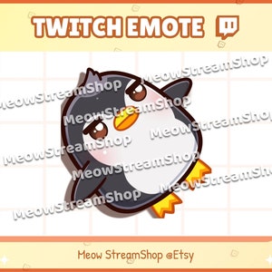 May include: A cartoon penguin with a black and white body, yellow beak, and brown eyes. The penguin is looking to the right and has a pink blush on its cheeks. The penguin is on a white and gray checkered background. The text "TWITCH EMOTE" is at the top of the image.