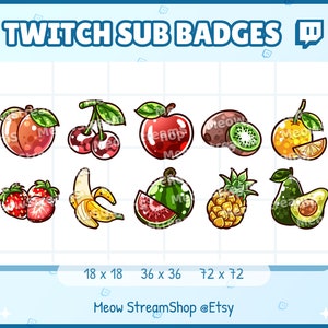 10x Twitch Sub, bit Badges - fruit, summer fruit, peach, cherry, apple, kiwi, lemon, strawberry, banana, watermelon - Sub badges streamer