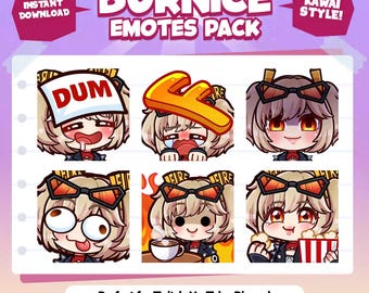 May include: A set of eight animated Twitch emotes featuring a cartoon character with brown hair, wearing sunglasses and a black leather jacket. The emotes show different expressions, including surprised, sad, and happy. The text "BURNICE EMOTES PACK" is at the top of the image.