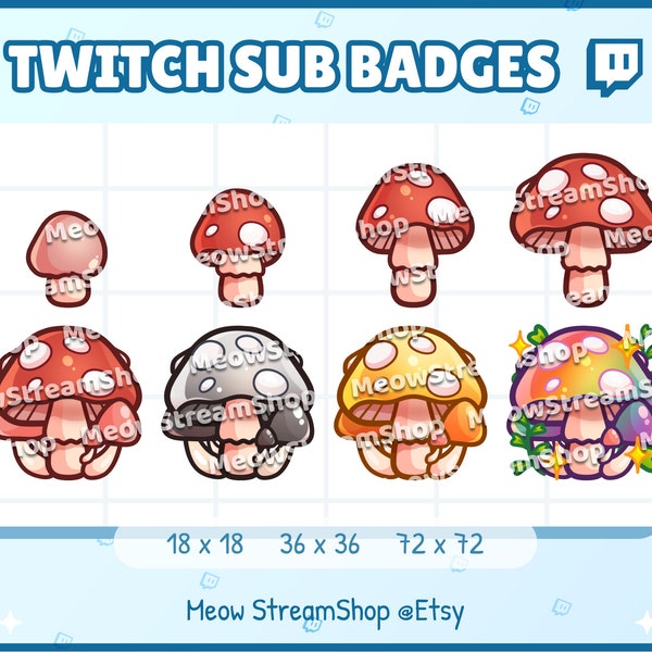 8x Twitch Sub, bit Badges - Kawaii Cute Mushroom, Fungi, Fungus, Mildew, Boletus, Baby Mushroom - Sub badges for Discord Youtube streamer