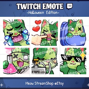 Twitch Emote  / Cute Zombie Cat Emotes Pack #5 (cry, poke, lurk, science, copium, GG) / Kawaii Zombie Kitten Halloween Sub Emoji