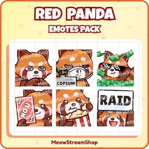 May include: A digital art pack featuring six red panda emotes. The emotes include a panda with a worried expression, wearing sunglasses with money, holding a "NO U" card, and eating popcorn. The text "RED PANDA EMOTES PACK" is at the top.