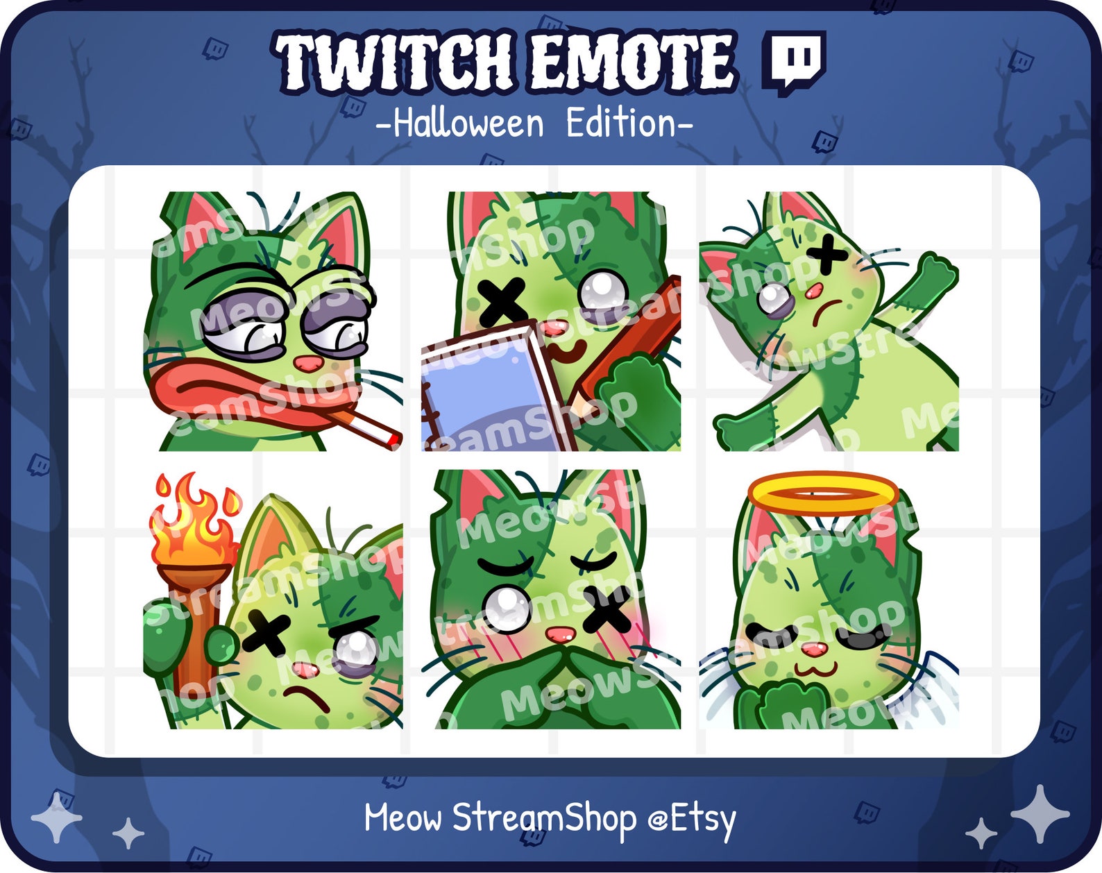 Twitch Emote / Cute Zombie Cat Emotes Pack 6 sad Note Etsy