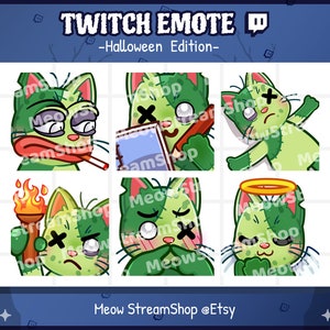 Puede incluir: Conjunto de seis emoticonos de Twitch de gato zombie verde con diferentes expresiones. Los emoticonos están en un formato de cuadrícula con un fondo blanco. Los emoticonos son todos de estilo de dibujos animados y tienen costuras cosidas. Los emoticonos llevan todos un halo, sostienen una antorcha, un lápiz, un libro o están tumbados de espaldas. El texto "Meow StreamShop @Etsy" está en la parte inferior de la imagen.