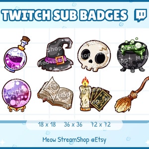 8x Twitch Sub, bit Badges - Kawaii witch, wizard, sorcery, halloween, witchcraft, magic, spell, witchery equipment - Sub badges for streamer