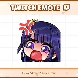 May include: A digital Twitch emote featuring an anime-style character with purple hair and large purple eyes, expressing anger. The character's mouth is open, and a red angry symbol is above their head. The text "TWITCH EMOTE" is at the top.