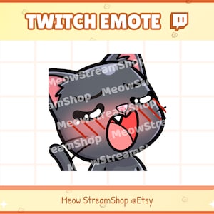 May include: A black cat with red blush on its cheeks is shown with its mouth open and teeth showing. The cat is looking to the right. The cat is a Twitch emote.