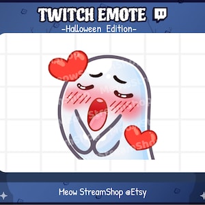 May include: A blue ghost with blushing cheeks and closed eyes is holding two red hearts. The ghost is smiling and has a surprised expression. The text "Twitch Emote" is above the ghost and the text "Meow StreamShop @Etsy" is below the ghost.