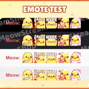 May include: A set of four animated Twitch emotes featuring a yellow chick with different expressions. The emotes include a chick holding a knife, a chick with a heart, a chick with a hype text, and a chick wearing a pink towel. The text "Meow" and "RAID HYPE" are also included in the image.