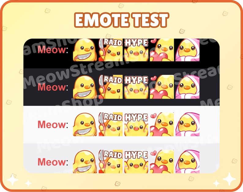 May include: A set of four animated Twitch emotes featuring a yellow chick with different expressions. The emotes include a chick holding a knife, a chick with a heart, a chick with a hype text, and a chick wearing a pink towel. The text "Meow" and "RAID HYPE" are also included in the image.