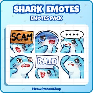 Emote Twitch / Pack d'émoticônes requin mignon #8 (arnaque, triste, réflexion, confusion, raid, salut) / Sub Emoji requins kawaii, bébé, chiots