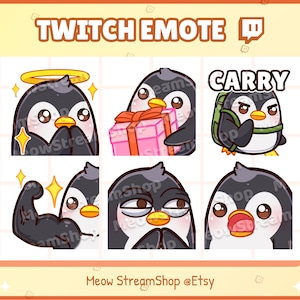Twitch 絵文字 / かわいいペンギン絵文字パック 8 (祈りの光輪、贈り物、運ぶ、アルファの屈曲、うーん、息を呑む) / ストリーマー向けのかわいいペンギン絵文字 / Discord