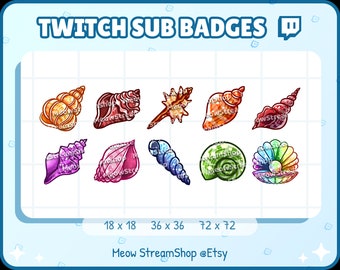 10x Twitch Sub, bit Badges - Kawaii seashells, sea shell   - Sub badges for streamer