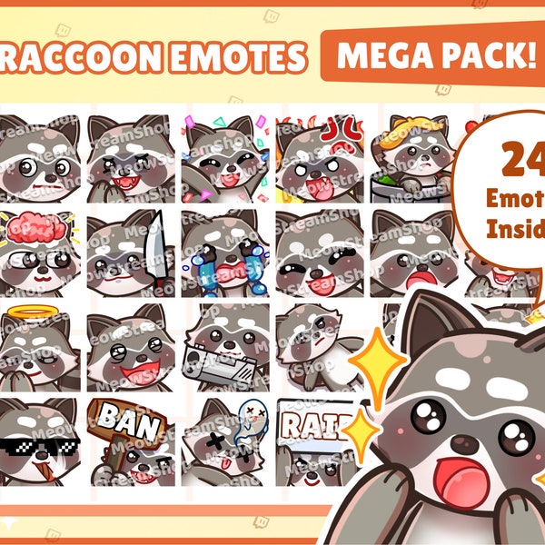 Twitch Emote / Cute Raccoon Mega Pack #1 Emotes (¡24 Emotes listos para usar!) / Kawaii Raccoon Red Panda Chibi Sub Emoji