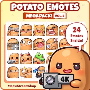 Può includere: Grafica di arte digitale con emote a forma di patata con varie espressioni. L'immagine include il testo "POTATO EMOTES MEGA PACK! VOL. 4" e "24 Emotes Inside!". La parte inferiore dell'immagine presenta il testo "MeowStreamShop".