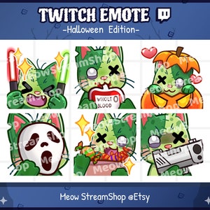Twitch Emote  / Cute Zombie Cat Emotes Pack #4 (hype, sip, lurk, scream mask, halloween eat, gun) / Kawaii Zombie Kitten Halloween Sub Emoji