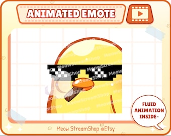 May include: Animated emote of a yellow chick with pixelated sunglasses and a chocolate bar. Text includes "ANIMATED EMOTE" and "FLUID ANIMATION INSIDE~". The shop name "Meow StreamShop @Etsy" is also visible in the image.