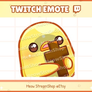 May include: A yellow cartoon bird with large eyes holding a brown cross. The bird is on a white and yellow grid background. The text "Twitch Emote 🪃" is at the top of the image. The text "Meow StreamShop @Etsy" is at the bottom of the image.