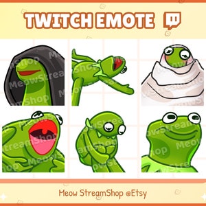 Op de afbeelding: Een verzameling van zes groene Twitch-emotes met kikker-thema's. Elke emote toont een andere uitdrukking, waaronder een kikker met een capuchon, een liggende kikker en een kikker in een deken. De tekst "TWITCH EMOTE" staat bovenaan.