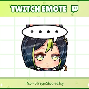 May include: A black-haired anime-style character with green eyes and a speech bubble above her head. The character is wearing a black and green outfit with a white collar and a red bow. The speech bubble has three black dots inside. The background is a green and white grid.