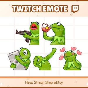 Puede incluir: Un conjunto de emotes de Twitch de una rana verde en varias poses, incluyendo sosteniendo un arma, bebiendo té, usando una tableta, cubriéndose la cara y con corazones. El texto "TWITCH EMOTE" está en la parte superior.