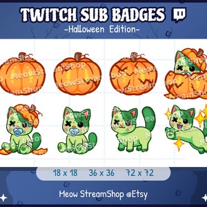8x Twitch Sub, bit Badges - Kawaii zombie cat, kitten, spooky, pumpkin, halloween, witch, horror - Sub Badges for Discord Youtube Streamer