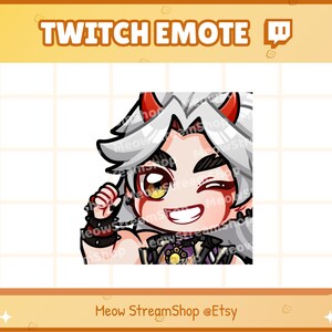 May include: A digital illustration of a cartoon character with white hair, red horns, and a mischievous grin. The character is wearing a black and purple outfit with a gold chain and a red and black belt. The character is winking and has a happy expression. The image is a Twitch emote.