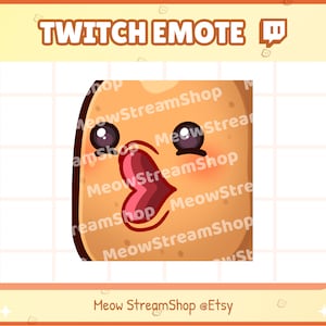 May include: A brown potato with a surprised expression, with a wide open mouth and big eyes, is shown against a white grid background. The potato is a Twitch emote.