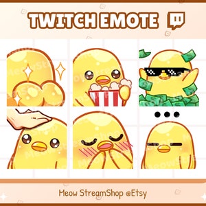 May include: Set of six Twitch emotes featuring a yellow chick with different expressions. The emotes include a chick with a bucket of popcorn, a chick wearing sunglasses and surrounded by money, a chick with its eyes closed and blushing, a chick with its eyes closed and a hand on its head, a chick with its eyes closed and a hand on its head, and a chick with its eyes closed and a hand on its head.