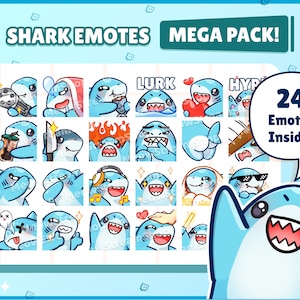 Twitch Emote / Cute Shark Mega Pack Emotes ( ¡24 Emotes listos para usar! ) / Kawaii Shark chibi Emoji