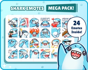 Twitch Emote  / Cute Shark Mega Pack Emotes ( 24 Emotes Ready to use! ) / Kawaii Shark chibi  Emoji