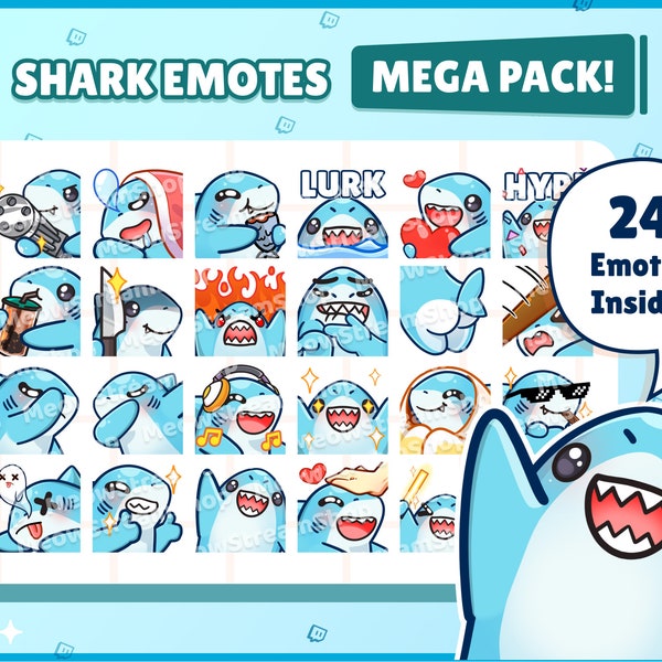 Twitch Emote  / Cute Shark Mega Pack Emotes ( 24 Emotes Ready to use! ) / Kawaii Shark chibi  Emoji