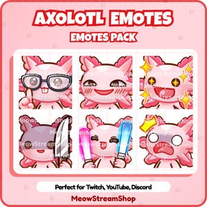 Puede incluir: Un conjunto de seis emotes de ajolote con diferentes expresiones. Los emotes son de color rosa con ojos negros y tienen diferentes accesorios, como gafas, un cuchillo y sables de luz. Los emotes son perfectos para Twitch, YouTube y Discord.