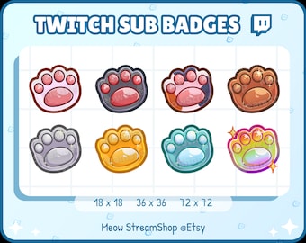 8x Twitch Sub, bit Badges - Kawaii Cat, Neko Paw - Sub badges for streamer