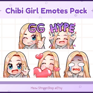 Twitch Emotes / Cute Chibi Streamer Girl / Blonde Hair + Blue Eyes / Hype,Love Heart, Hi, GG, Sad cry Emoji