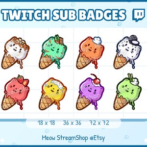 8x Twitch Sub, bit Badges - Cat ice cream - Kawaii cute neko Sub badges for streamer
