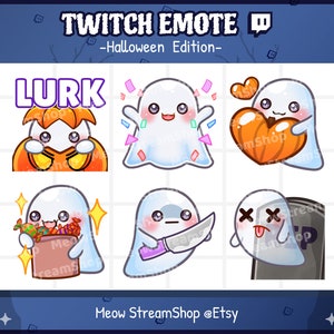 Twitch Emote  / Cute Ghost Emotes Pack (Lurk, Hype, Pumpkin Heart, Love, Candy, Knife, RIP) / Kawaii spooky ghost Halloween emoji / discord