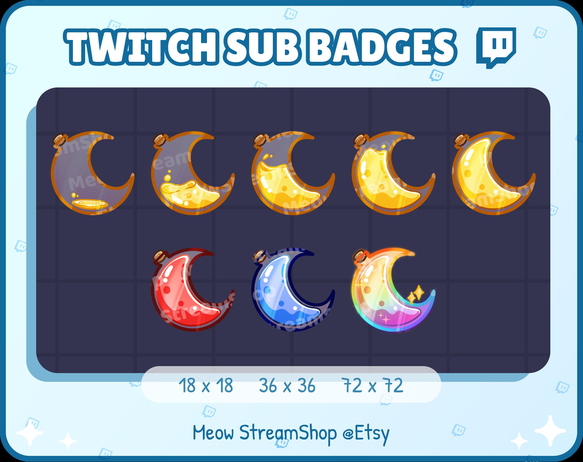 8x Twitch Sub, bit Badges - Crescent Moon Bootles, Pot, Magic Bootle, Potion - Kawaii Sub badges for streamer
