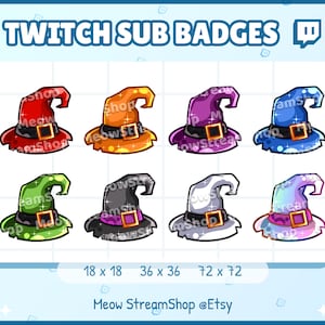 8x Twitch Sub, bit Badges - Kawaii witch hat, halloween, wizard, sorcery, witchcraft, horror, magic, witchery - Sub badges for streamer