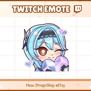 May include: A blue-haired anime character with a winking expression, holding a large, sparkly, purple heart. The character is wearing a black headband and a white collar. The background is a light blue grid.