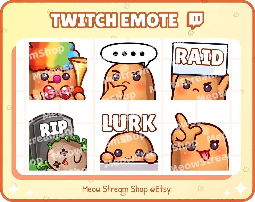 Twitch Emote / Cute Potato Emotes Pack 5 clown, Think, Raid, RIP, Lurk