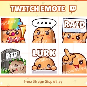 May include: A set of six Twitch emotes featuring a cartoon potato character in various poses and expressions. The emotes include "Raid", "Lurk", "RIP", "Clown", "Thinking", and "Tongue Out".
