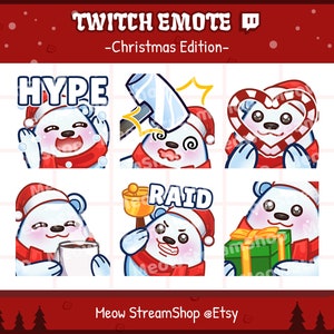 May include: Set of six Christmas-themed Twitch emotes featuring a cute polar bear in various poses. The emotes include "Hype", "Raid", "LUL", "Pog", "Kappa", and "FeelsGoodMan".