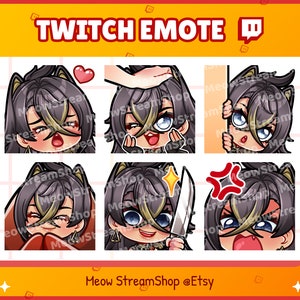 May include: Set of six Twitch emotes featuring a cartoon character with black hair, yellow eyes, and a variety of expressions. The emotes include a blushing face, a surprised face, a face peeking around a corner, a face with a knife, a face with a heart, and an angry face.