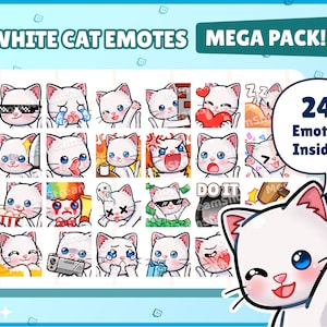 Twitch Emote / Cute White Cat Mega Pack #1 Emotes (24 Emotes Ready to use!) / Kawaii Kitten Catto Feline Sub Emoji