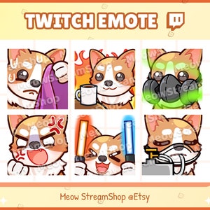 Może przedstawiać: Zestaw sześciu emotikonów Twitch przedstawiających kreskówkowego psa rasy corgi w różnych wyrażeniach i sytuacjach. Emotikony przedstawiają corgiego w masce przeciwgazowej, trzymającego miecz świetlny i wyglądającego na złego.