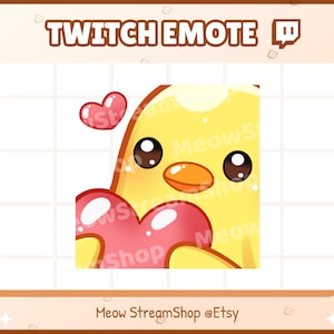 May include: A digital illustration of a yellow chick holding a pink heart, with a smaller pink heart floating above. The image has the text "TWITCH EMOTE" at the top and "Meow StreamShop @Etsy" at the bottom.