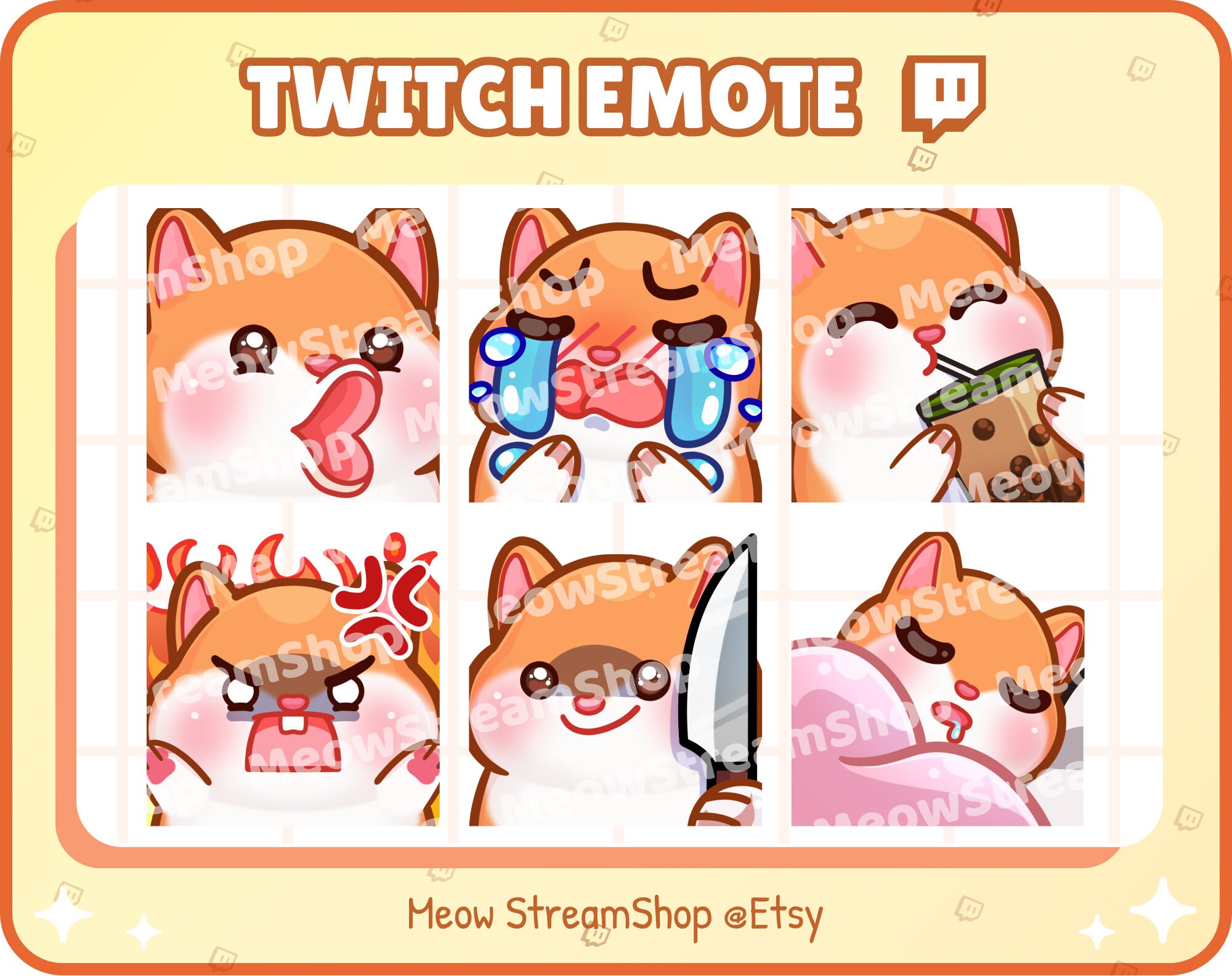 Twitch Emote / Cute Hamster Emotes Pack #2 (pog, cry, sip, angry, knife, sleep) / Kawaii Hamster Guinea Pig Capybara Mouse Rat Sub Emoji