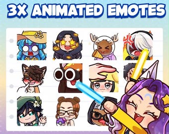 May include: A set of 12 custom animated emotes featuring various characters with different expressions. The emotes are designed in a cartoon style with bright colors and playful details. The text "CUSTOM 3X ANIMATED EMOTES" is displayed at the top of the image. The text "CUTE & READY-TO-USE" is displayed at the bottom of the image. The text "MeowStreamShop" is displayed at the bottom right of the image.